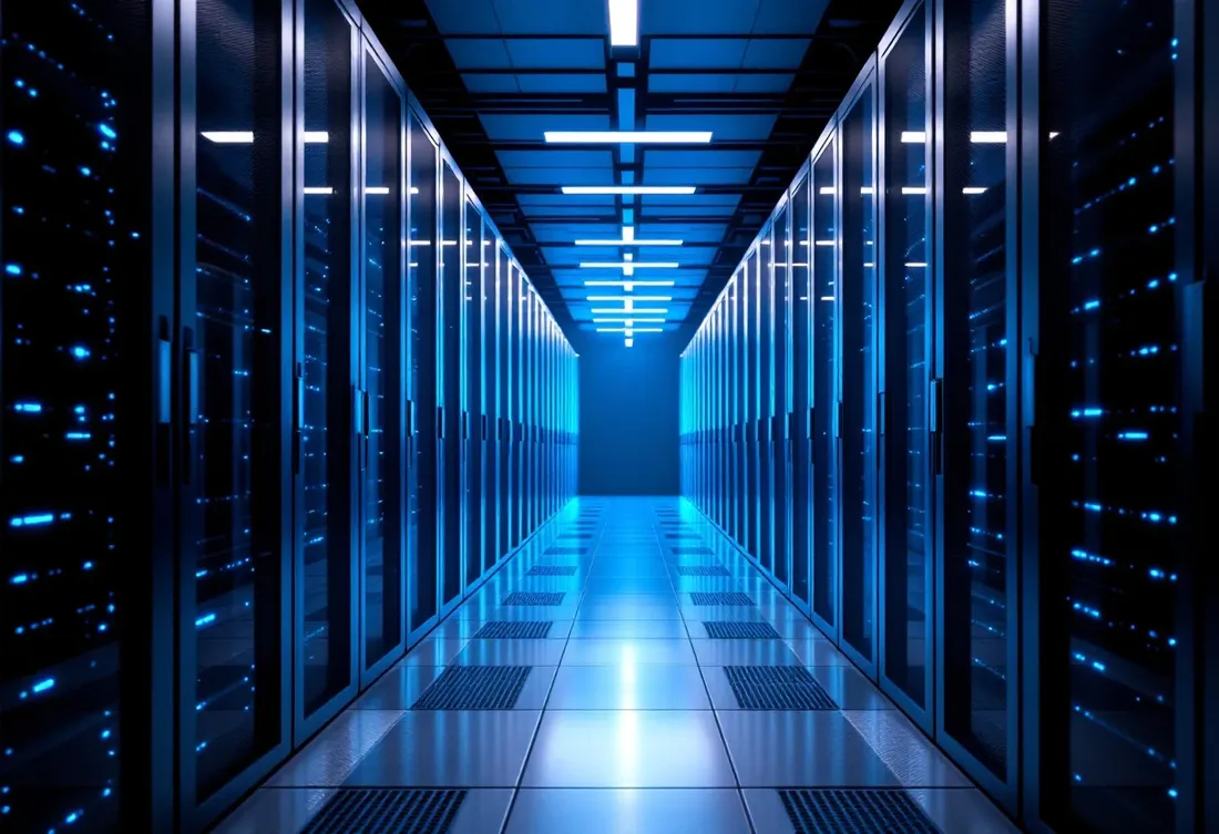 Cool-lit server aisle in a controlled data recovery facility